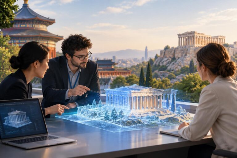 Masada Parthenon'un holografik modeline bakan üç uzmanın Pekin önünde çalışması