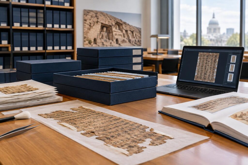 Masa üzerinde Dunhuang el yazmaları, arşiv kutuları ve laptopta dijital görüntüleme