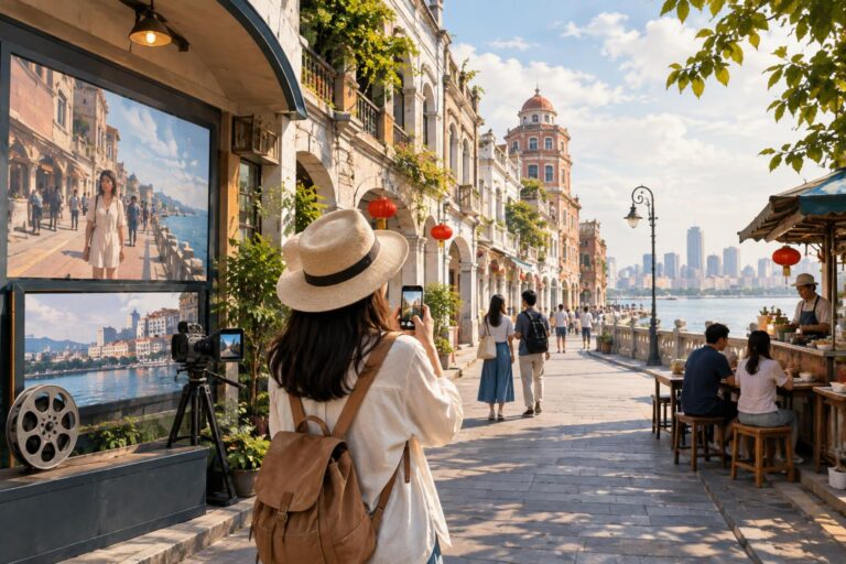 Sahil boyunca uzanan tarihi binalar önünde fotoğraf çeken turistler ve açık hava film standı