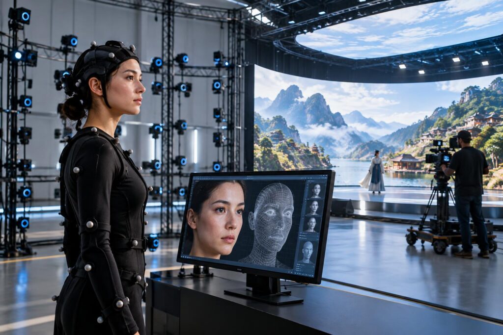 Mocap elbisesi giymiş oyuncu, monitörde yüzün 3B ağı ve LED arka plan.