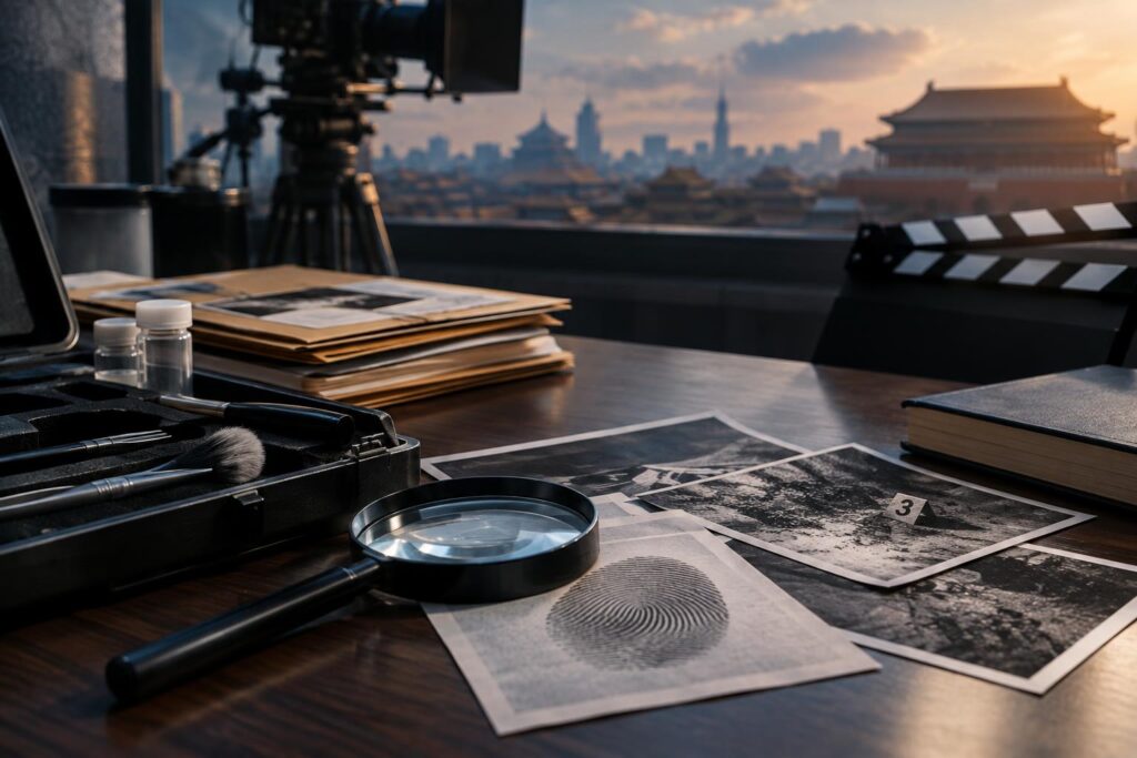 Film çekim masasındaki büyüteç, parmak izi, kamera, fotoğraflar ve uzakta Çin sarayı görülüyor.
