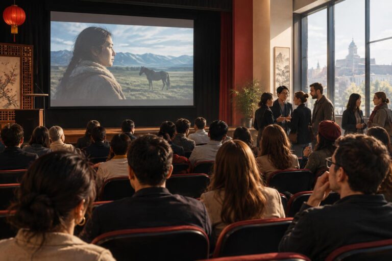 Sinemada film gösterimi izleyen seyirciler ve salonda sohbet eden sinemacılar
