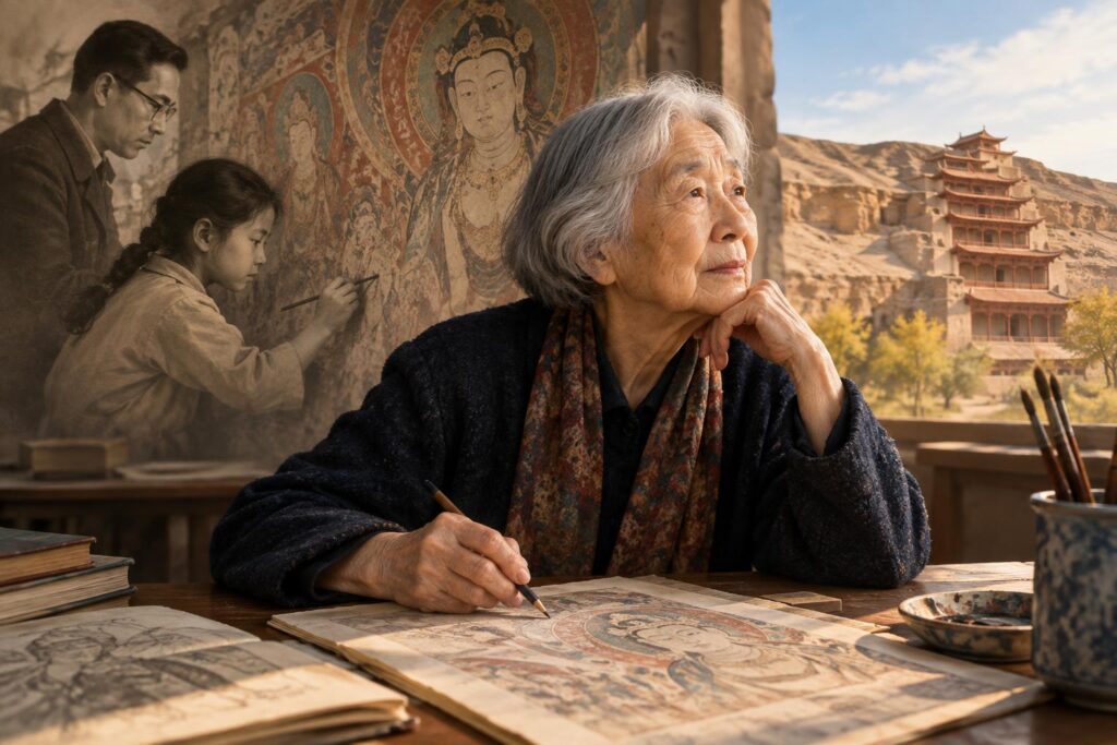 Yaşlı bir kadın masa başında Dunhuang duvar resimlerinin eskizleri üzerinde düşünerek oturuyor.