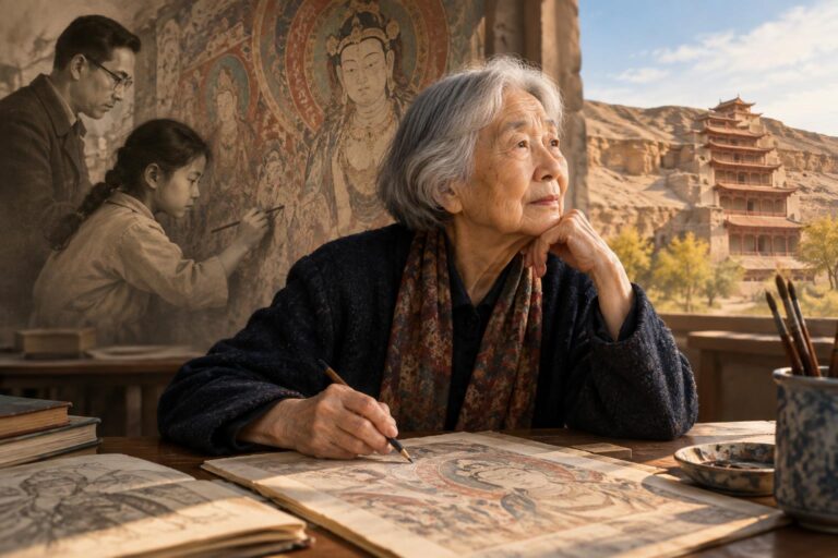 Yaşlı bir kadın masa başında Dunhuang duvar resimlerinin eskizleri üzerinde düşünerek oturuyor.
