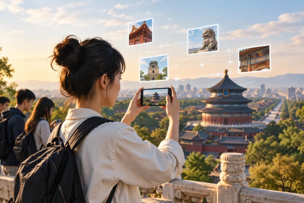 Genç bir kadın, Pekin’deki tarihi yapıları telefonuyla görüntülerken çevresinde miras fotoğrafları görülüyor