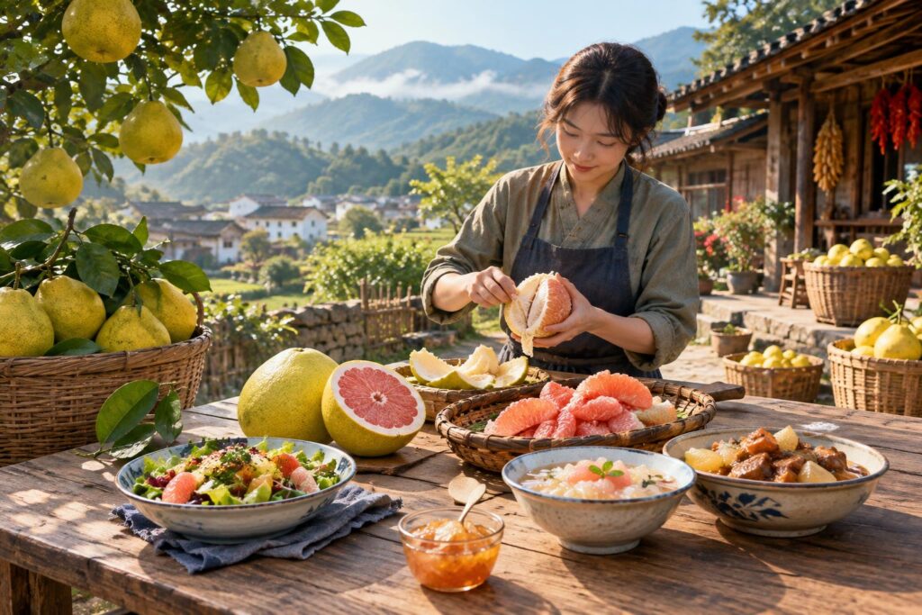 Pomelo hasadı ve meyvenin farklı yemeklerde kullanımını gösteren köy sofrası